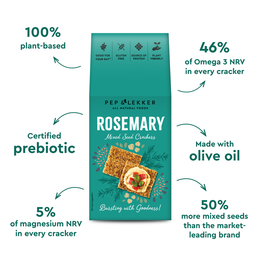 Pep & Lekker Rosemary Mixed Seed Crackers in a 110g box, featuring crisp crackers with rosemary and mixed seeds on a neutral background.