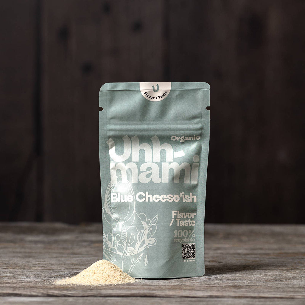 Uhhmami Blue Cheese'ish 40g cheese package with blue-veined cheese visible on the label, ready for cheese lovers.