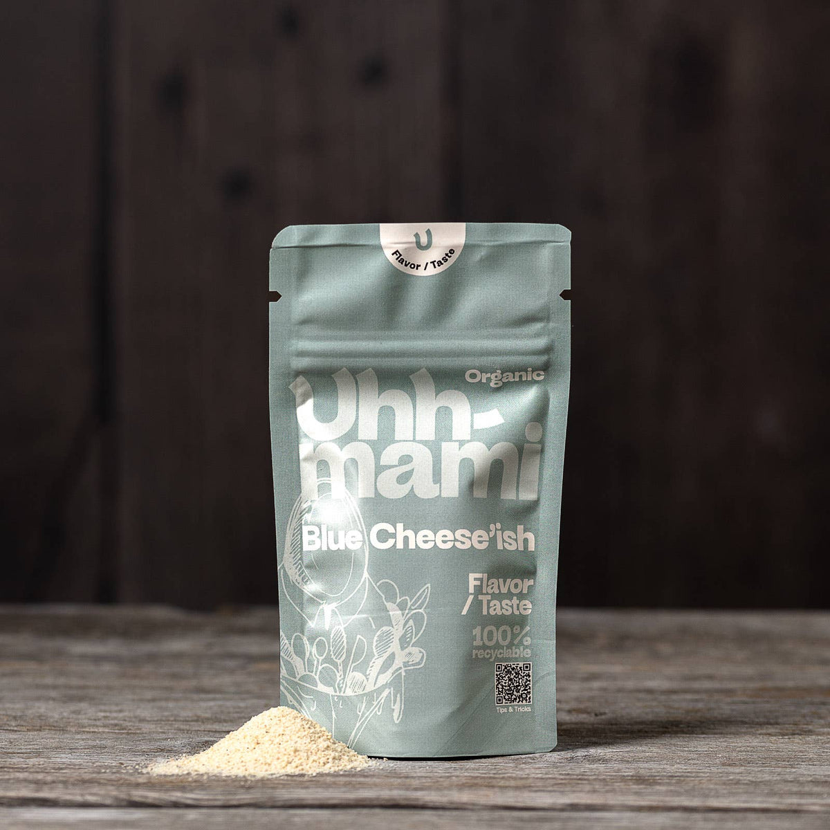 Uhhmami Blue Cheese'ish 40g cheese package with blue-veined cheese visible on the label, ready for cheese lovers.