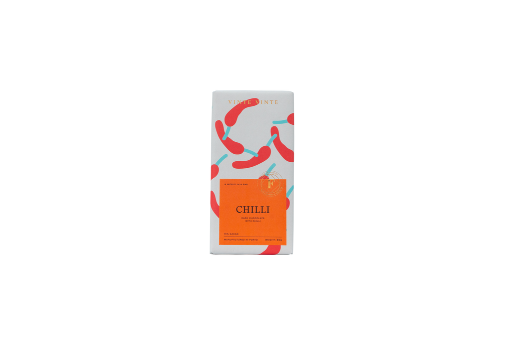 Vinte Vinte Chocolate Fusion Dark Chocolate 70% Chili 50g bar, showing rich dark chocolate with chili bits on the surface.