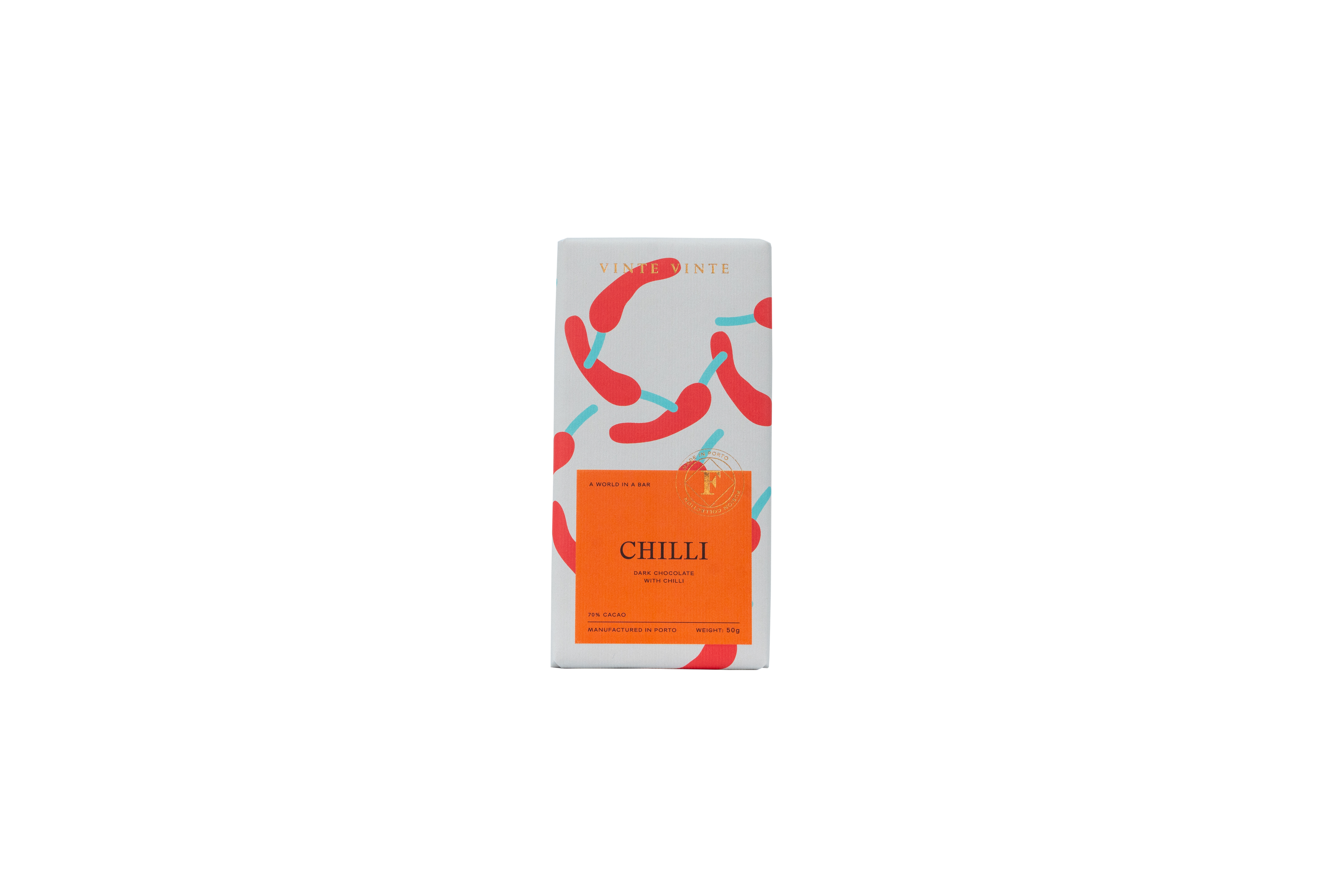 Vinte Vinte Chocolate Fusion Dark Chocolate 70% Chili 50g bar, showing rich dark chocolate with chili bits on the surface.