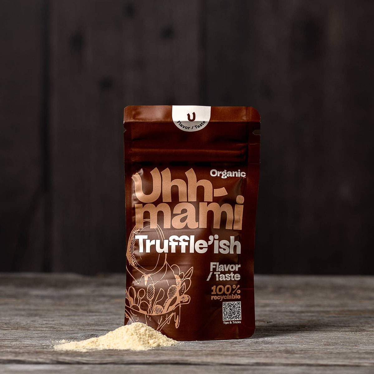 Uhhmami Truffle'ish snack bag, 40g, featuring a close-up of the flavorful truffle snack with branding and packaging details.