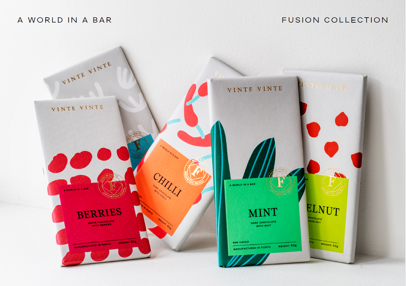 Vinte Vinte Chocolate Fusion Dark Chocolate 70% with Chili, 50g bar showing rich dark chocolate with chili flakes on top