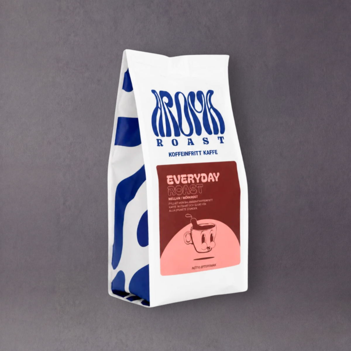 GRAINED Aroma Roast Decaf Coffee bag featuring three roast options with nutty flavor profile and rich aroma.