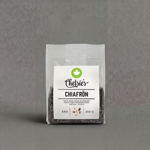 Organic Chia Seeds in 250g pack from GRAINED CO., showing a clear view of the small, black and white chia seeds in a jar