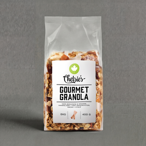 Chelsie’s Gourmet Granola EKO by GRAINED CO., 400g, showing a bowl of crunchy granola with nuts and dried fruits.