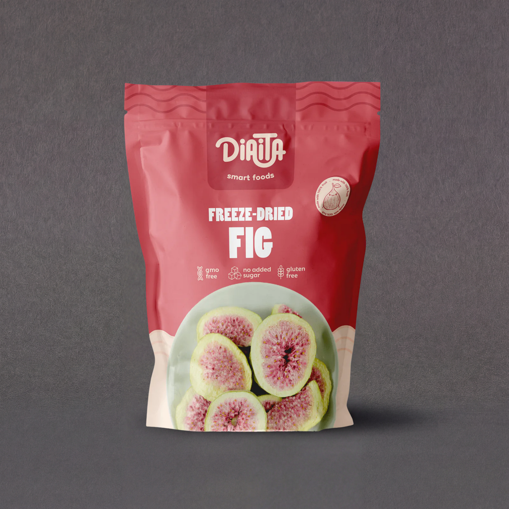 Diaita freeze-dried fig snack in a clear package, showing vibrant dried figs ready to eat.