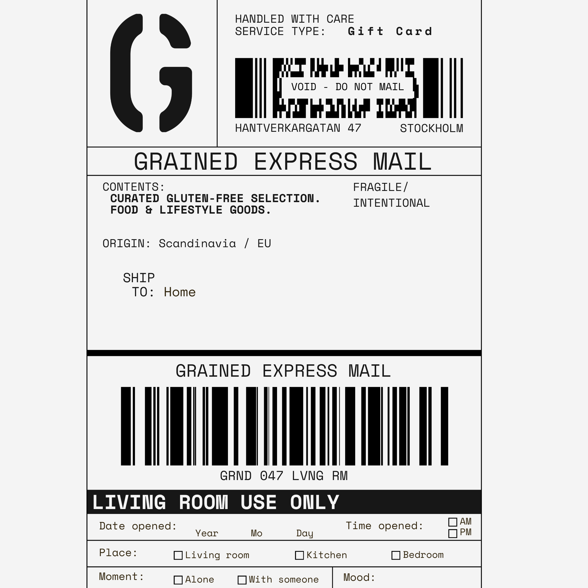 Grained Express Mail label with black text and barcodes on a white background