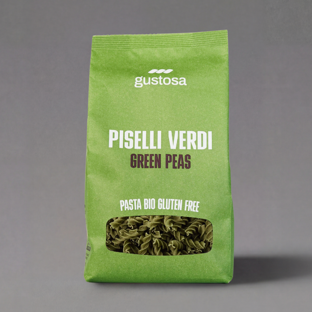Organic green pea fusilli pasta by Pasta Gustosa Bio, gluten-free, made from 100% green peas, shown in a 340g package.