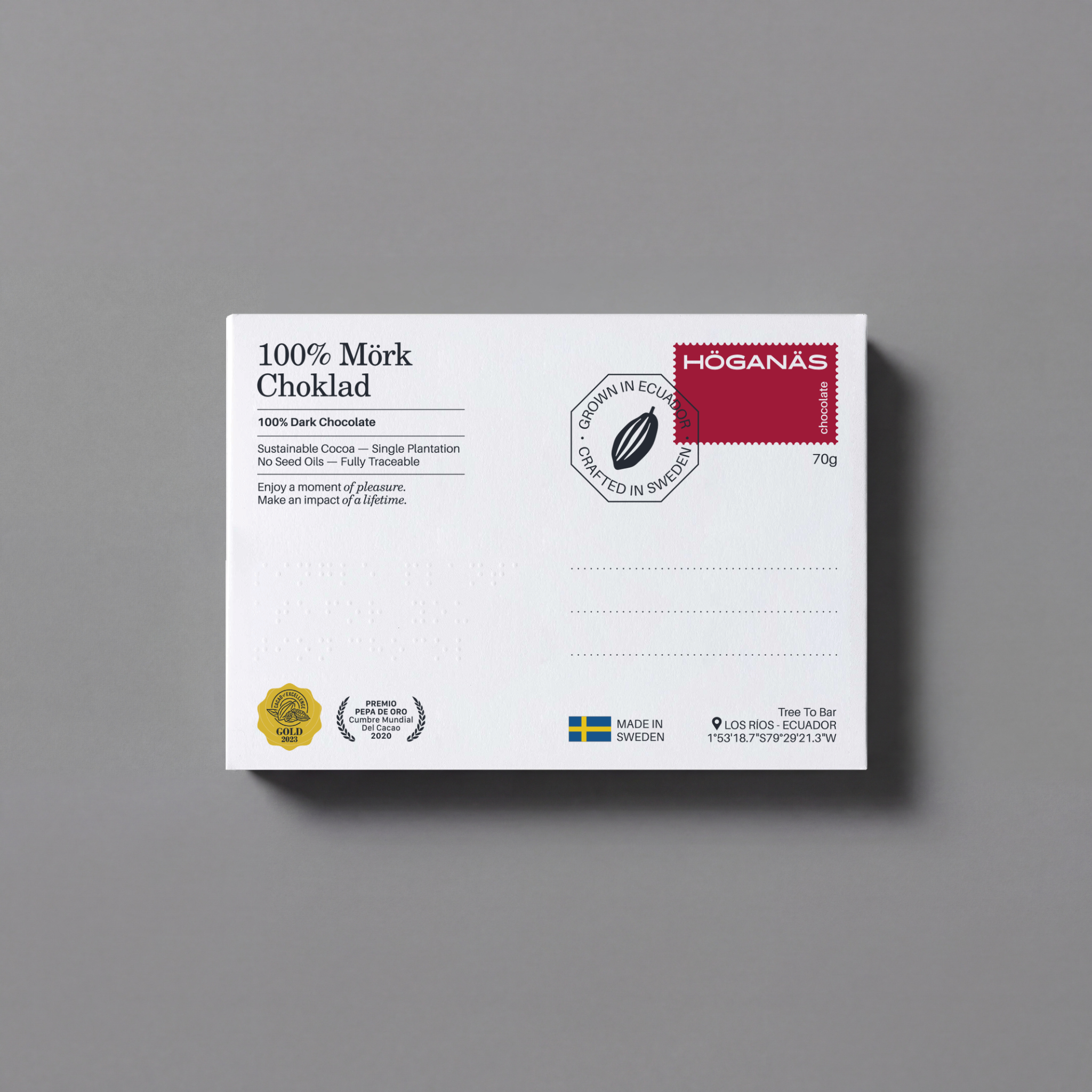 Höganäs dark chocolate bar in 70g packaging, smooth and rich with a deep cocoa color and minimalist Höganäs branding.