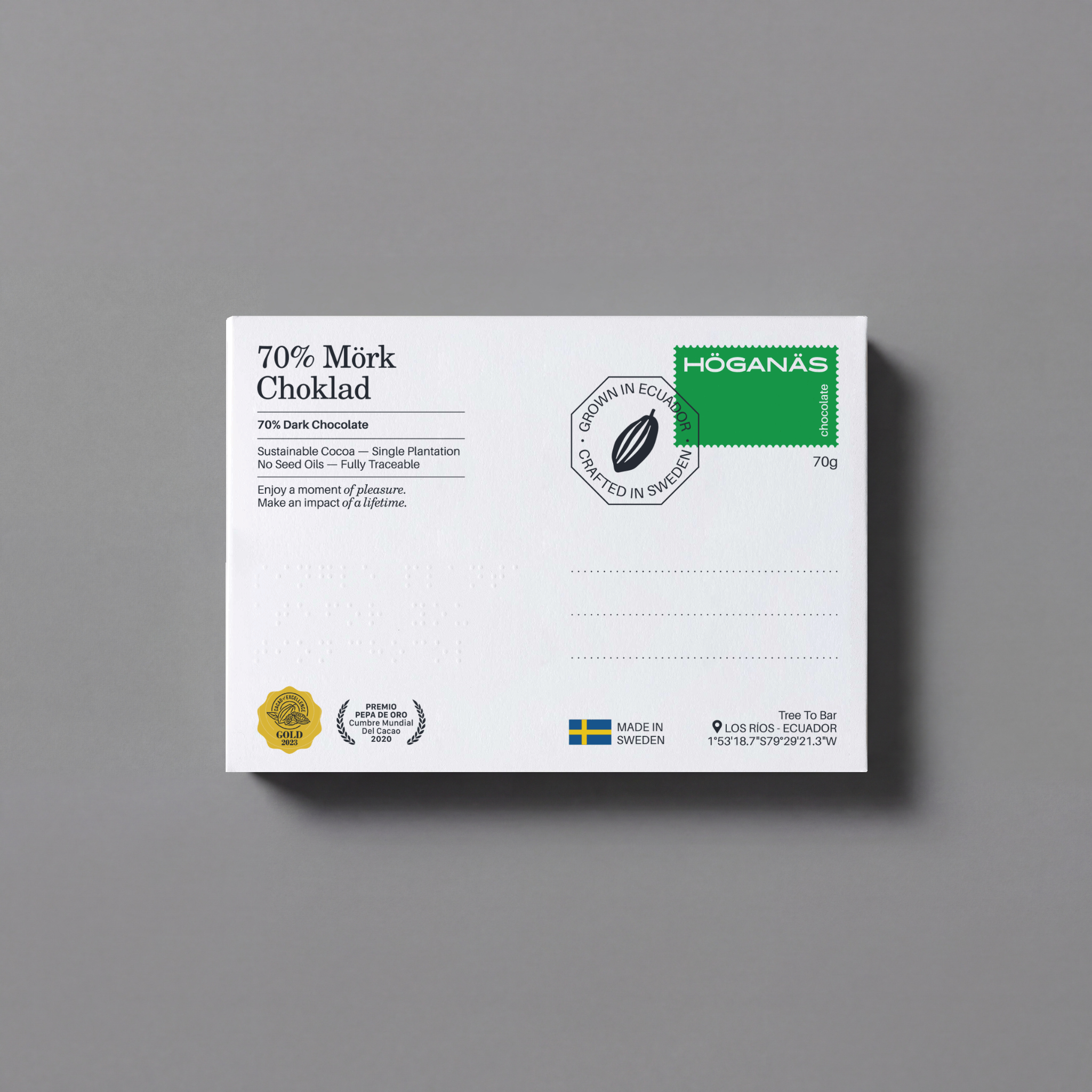 Höganäs dark chocolate bar in 70g packaging, showcasing rich, smooth dark chocolate with a glossy finish.