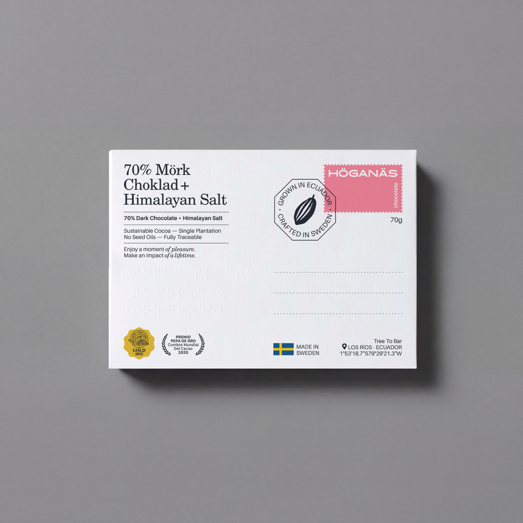 Höganäs dark chocolate bar with Himalayan salt, 70g, featuring rich chocolate and pink Himalayan salt crystals.