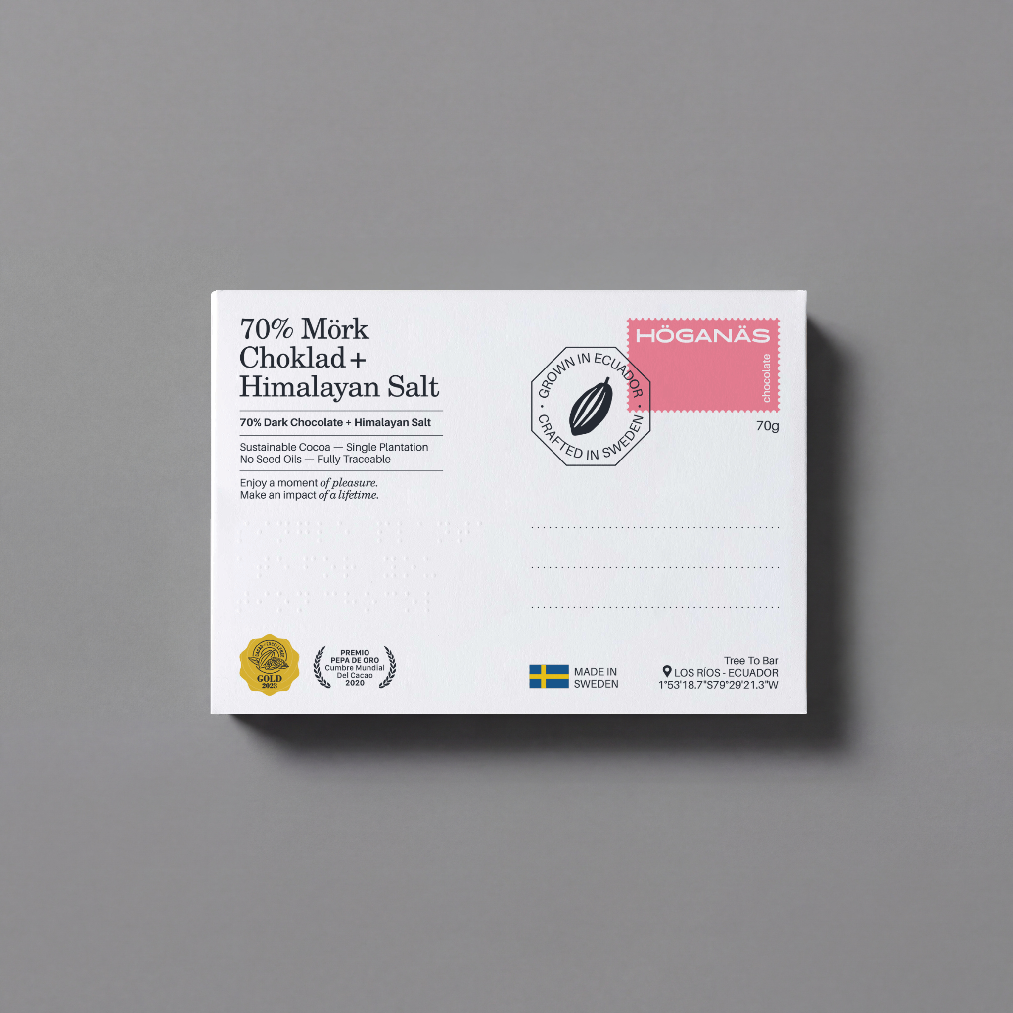 Höganäs dark chocolate bar with Himalayan salt, 70g, featuring rich chocolate and pink Himalayan salt crystals.