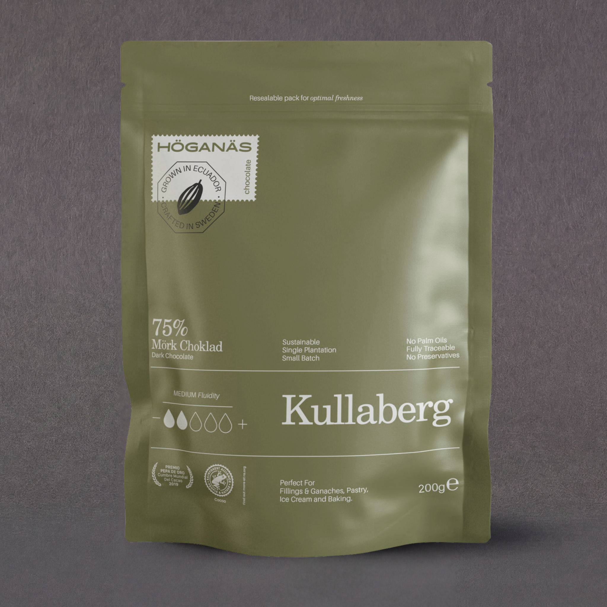 GRAINED CO. Höganäs Single Plantation Dark Chocolate 75% from Kullaberg, 200g bar with rich, smooth texture and deep cocoa flavor.