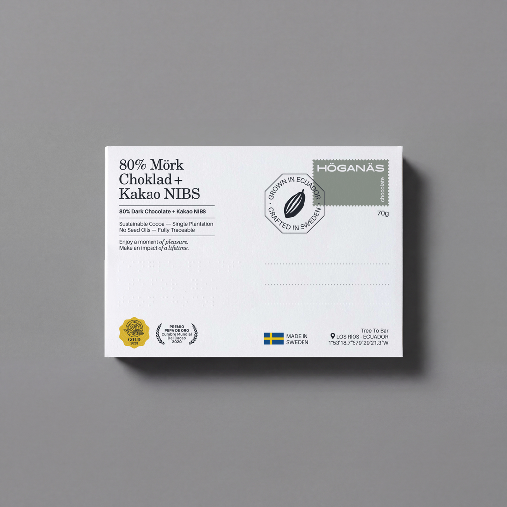 Höganäs dark chocolate bar with cacao nibs, 70g, showing the chocolate piece with embedded cacao nibs on the packaging.