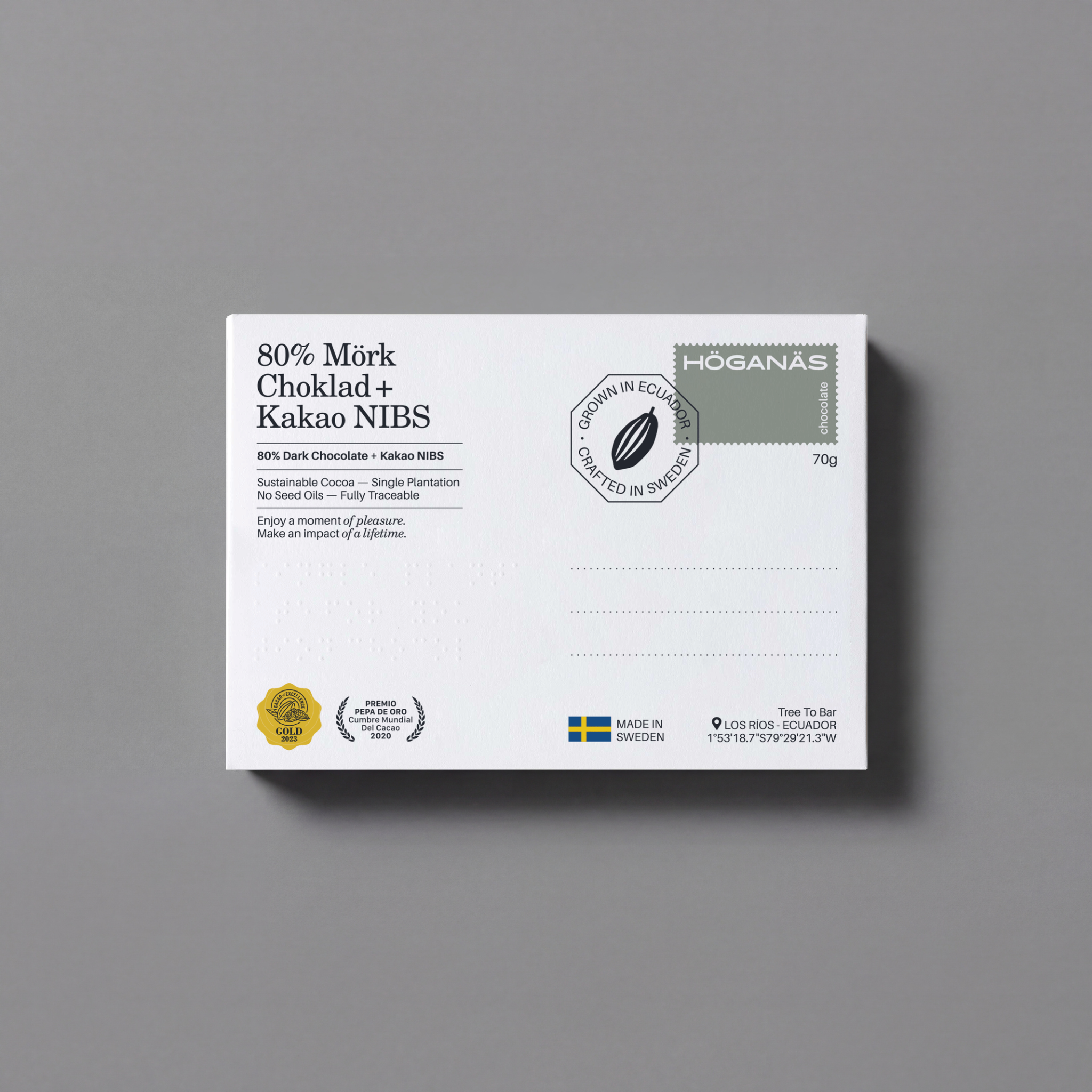 Höganäs dark chocolate bar with cacao nibs, 70g, showing the chocolate piece with embedded cacao nibs on the packaging.