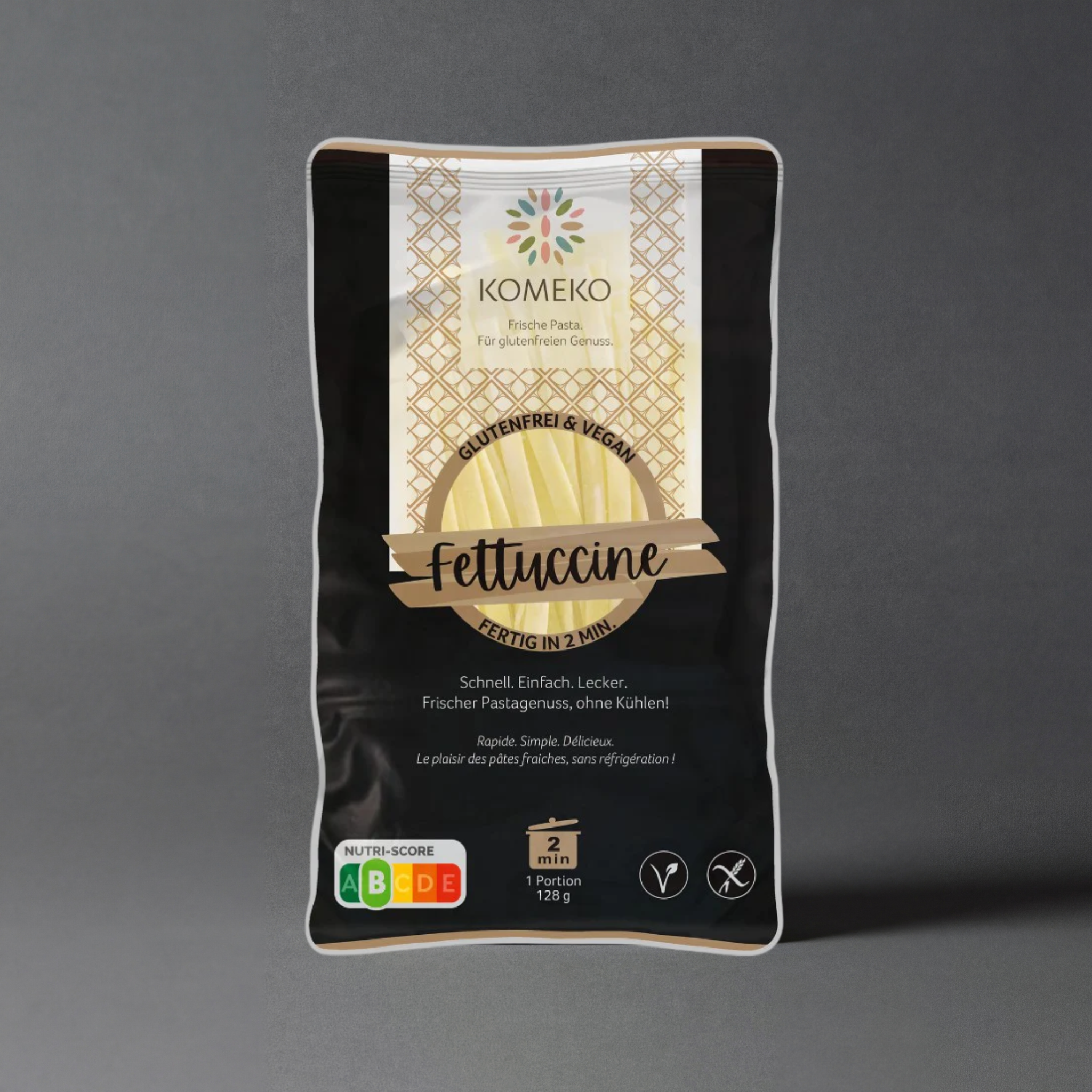 KOMEKO Fettuccine pasta in a bundle, showcasing thin, flat noodles made from high-quality durum wheat for authentic Italian cuisine