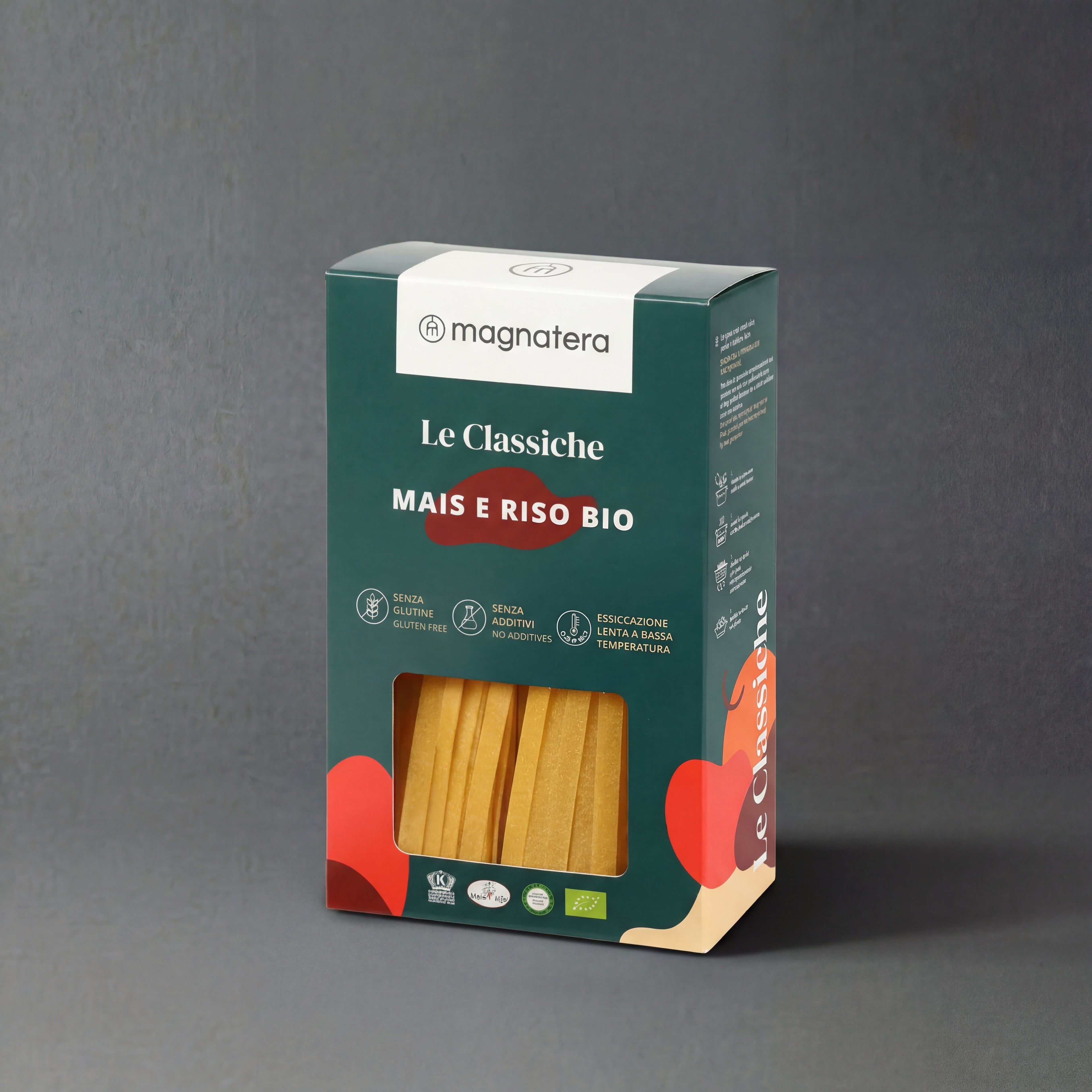Organic corn and rice pasta tagliatelle by GRAINED CO., gluten-free, with a close-up of the cooked pasta on a plate