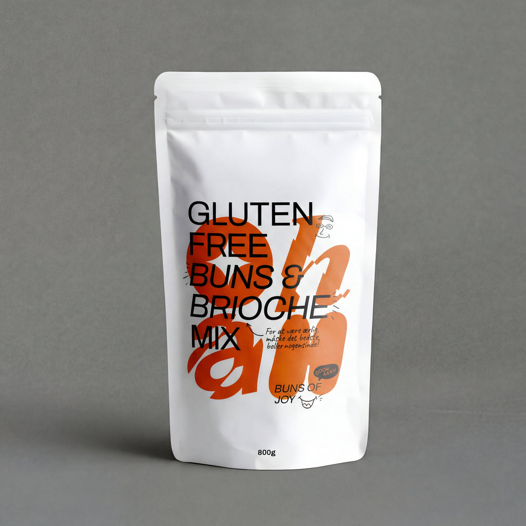 Gluten-free brioche buns made with OhAh! Alternative Baking Mixes by GRAINED CO., 400g package.