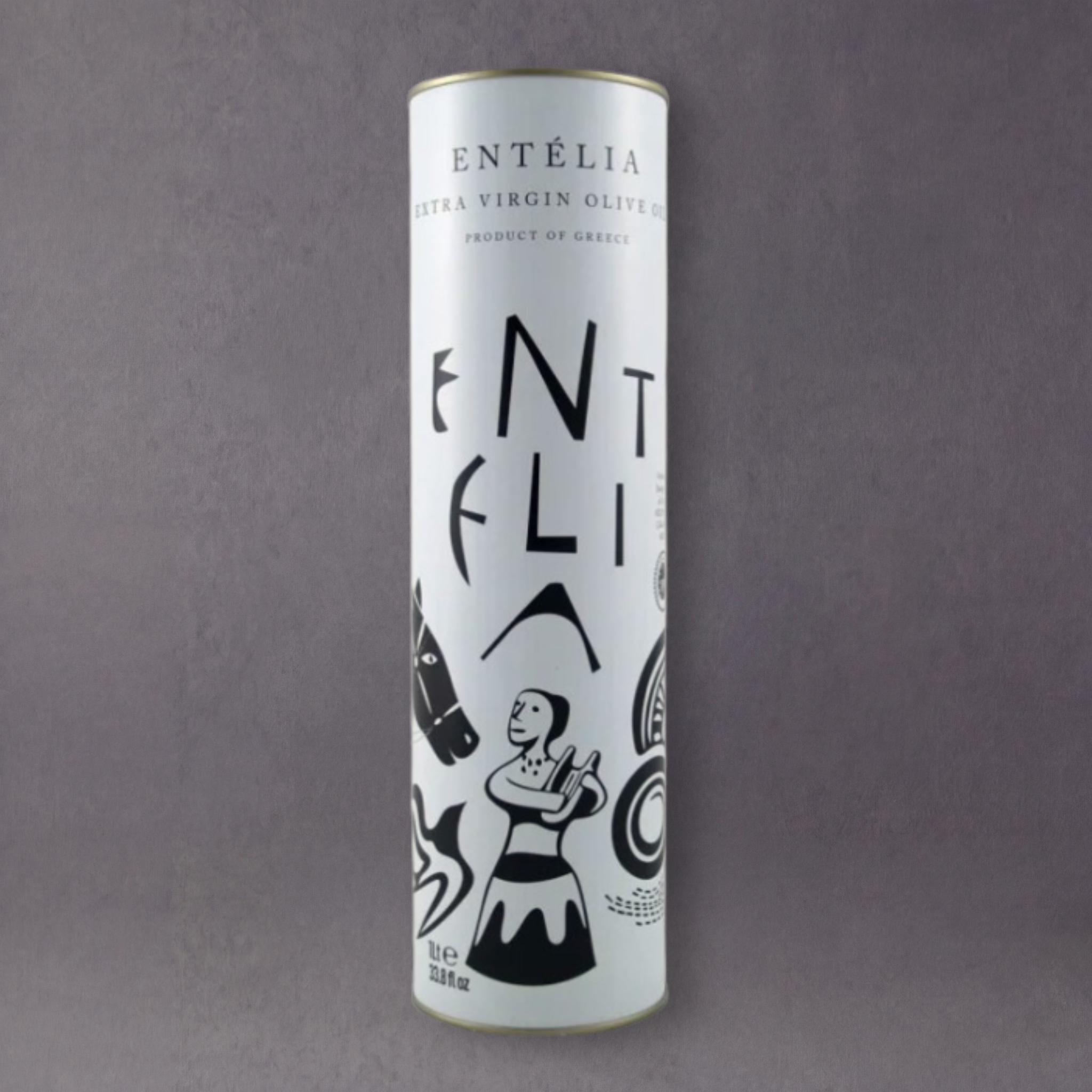 GRAINED Entèlia Kreta Extra Virgin Olive Oil in 1L bottle, golden-green liquid with olive groves background, premium quality.