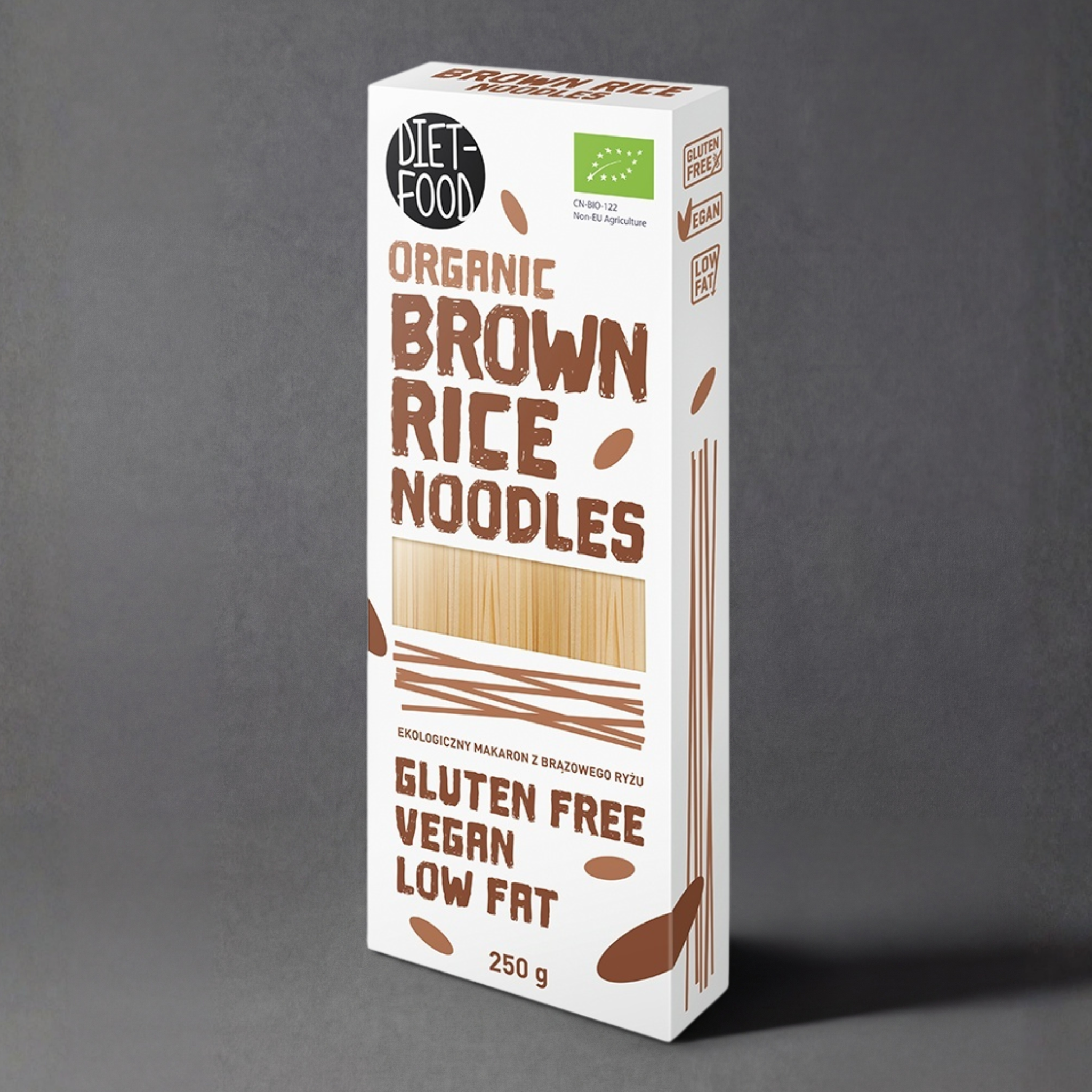 Organic brown rice noodles from Diet Food, 250g, showing fresh, uncooked pasta in a clear bowl for healthy diet food.