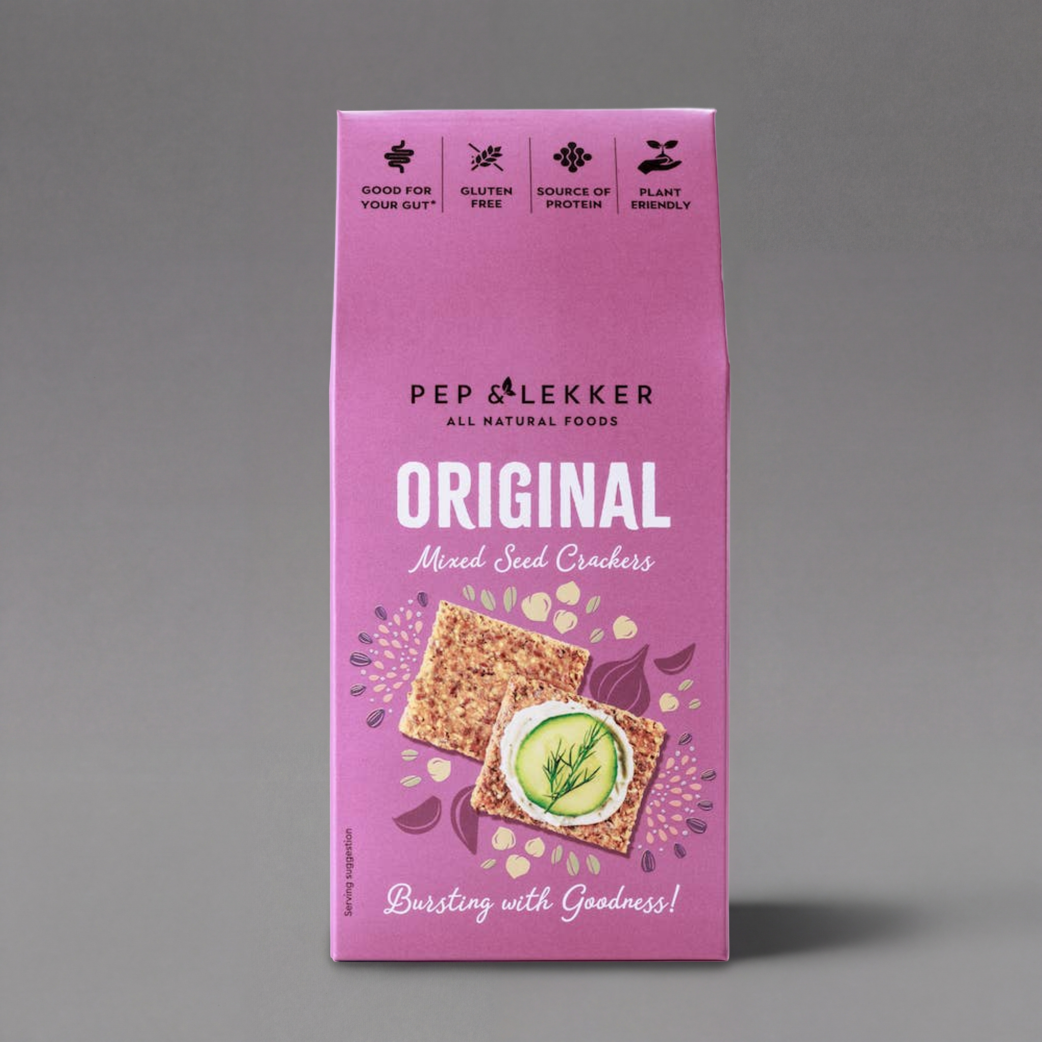 Pep & Lekker mixed seed crackers in original flavor, showcasing crispy, seed-filled snack with a golden-brown texture.