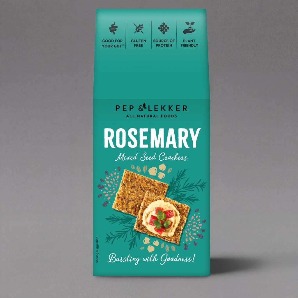 Pep & Lekker rosemary mixed seed crackers in a 110g package, showing golden, seed-filled crackers with rosemary herbs.