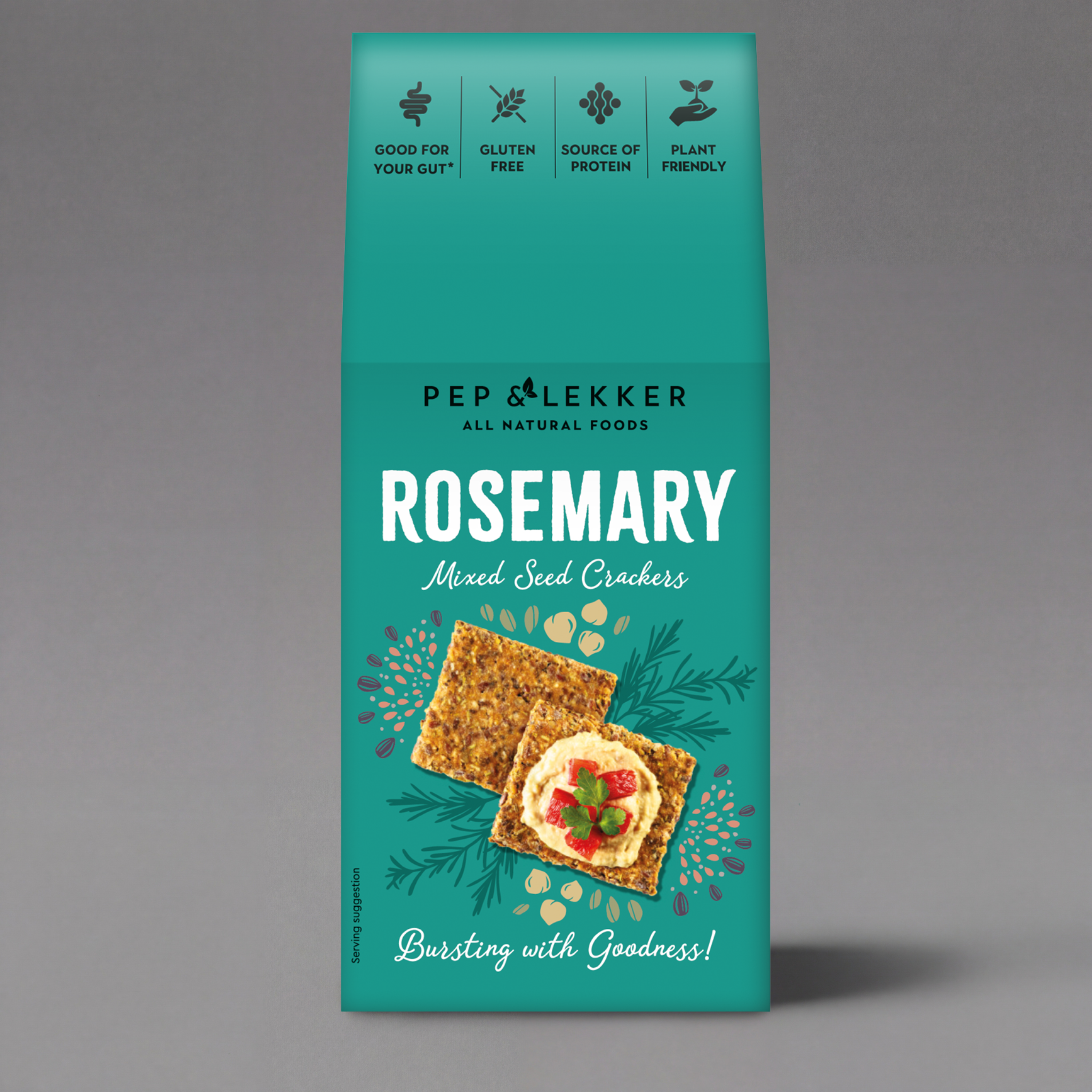 Pep & Lekker rosemary mixed seed crackers in a 110g package, showing golden, seed-filled crackers with rosemary herbs.