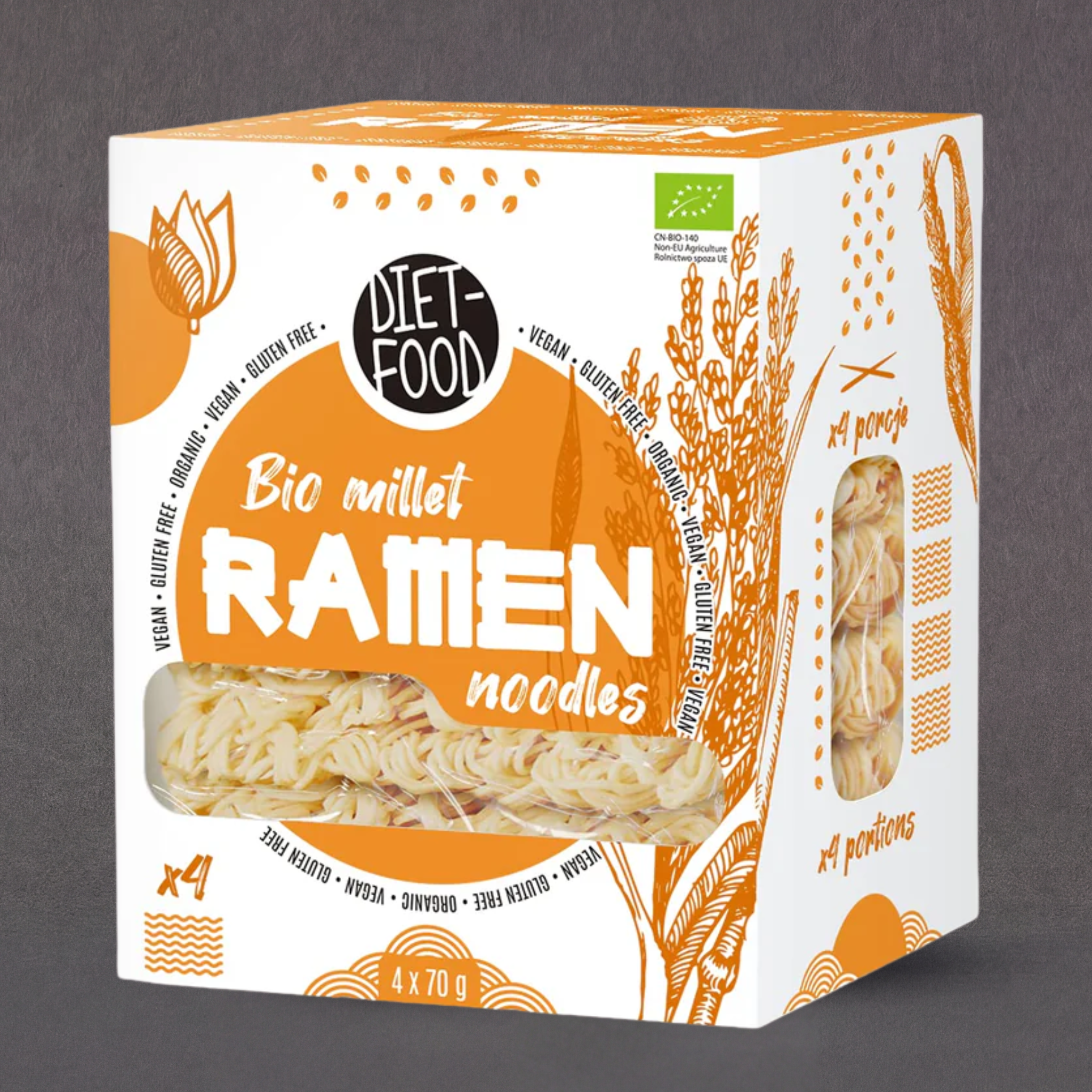 Bio millet ramen from Diet Food, 280g package, showcasing a bowl of ramen noodles with millet ingredients and fresh toppings.