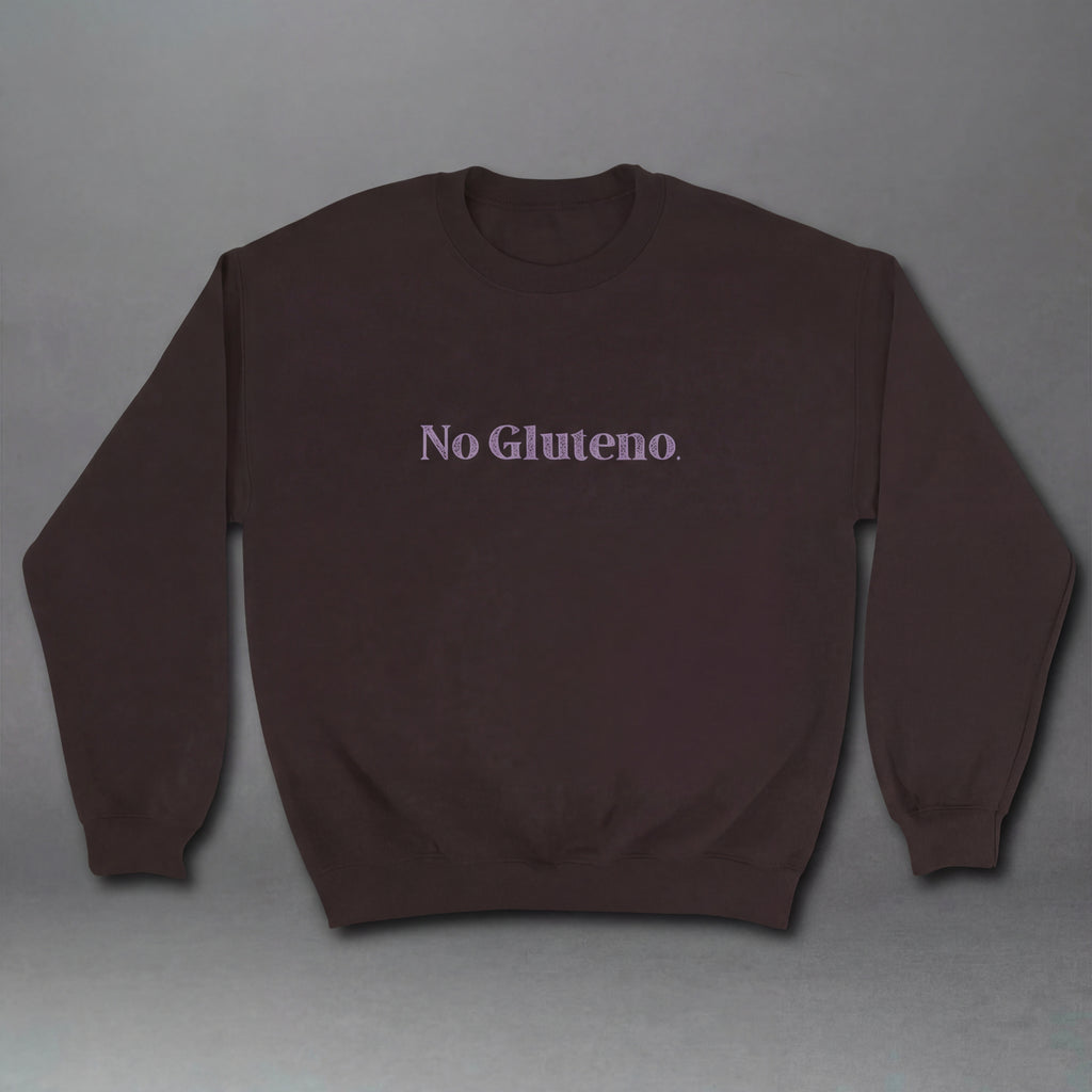 Gray crewneck sweatshirt from GRAINED CO. with "No Gluteno" print, made from soft, comfortable material.