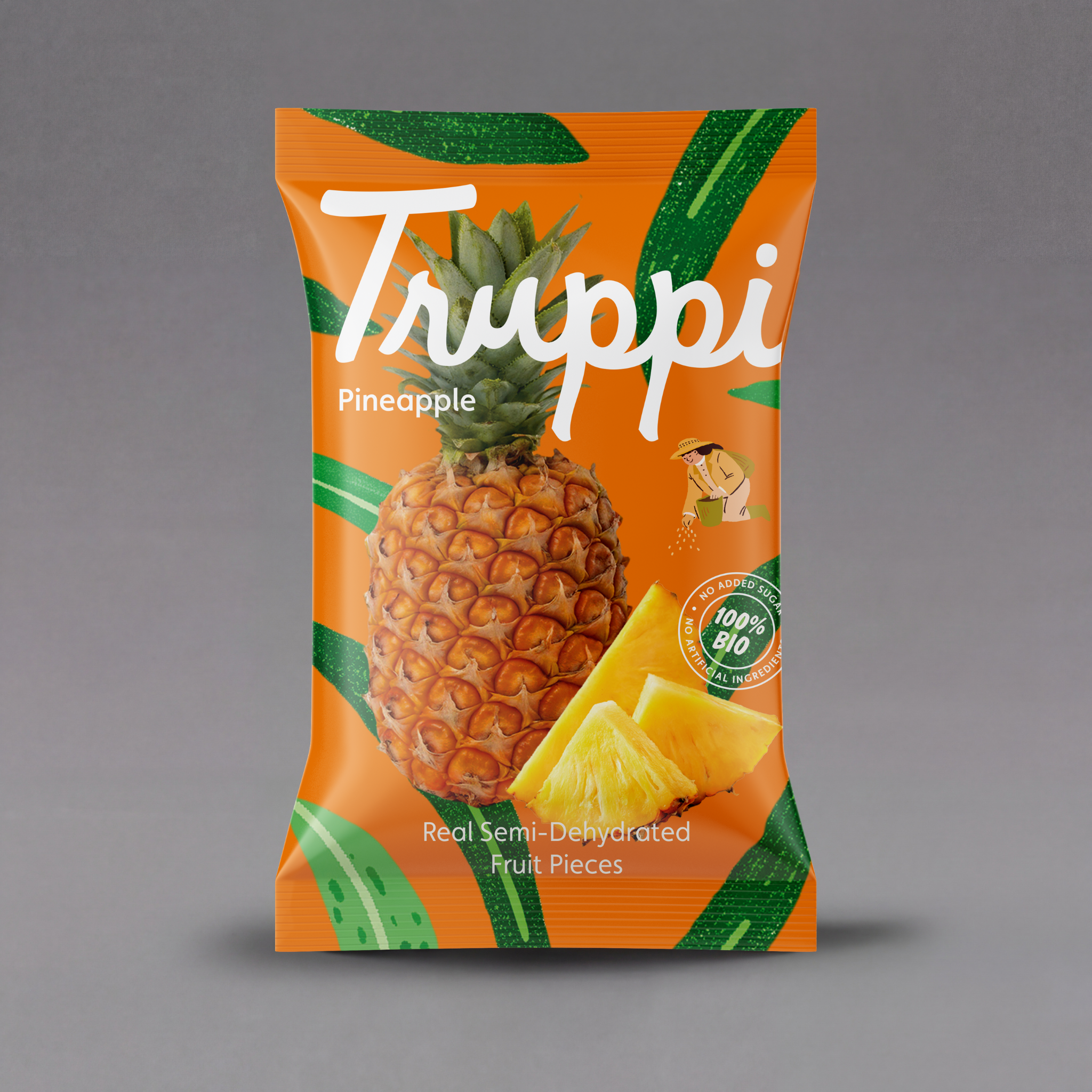 Dried organic pineapple slices from Truppi, showcasing golden, textured dehydrated pineapple pieces on a neutral background.