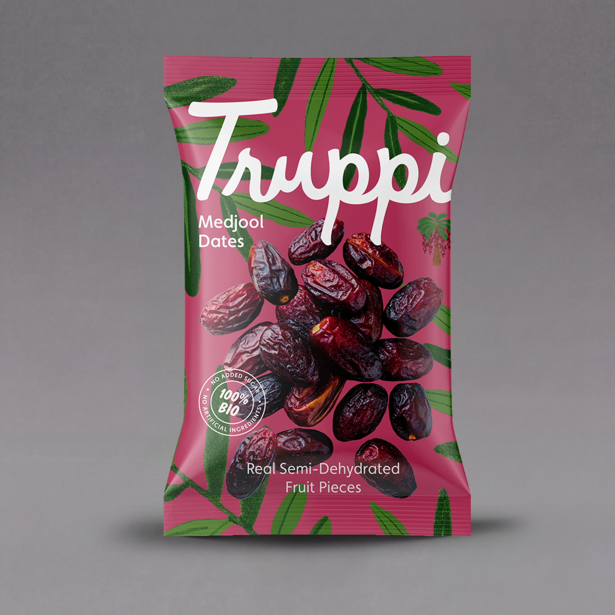 Organic Medjool dates by Truppi, showcasing plump, glossy natural energy snack dates with rich brown color and textured surface.