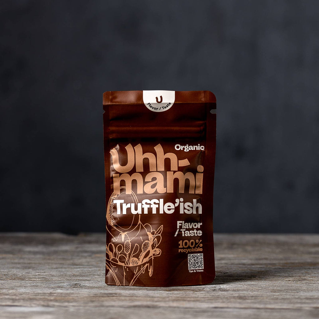 Uhhmami Truffle'ish 40g jar with creamy, truffle-flavored spread in a glass jar, showing the rich, textured contents inside.