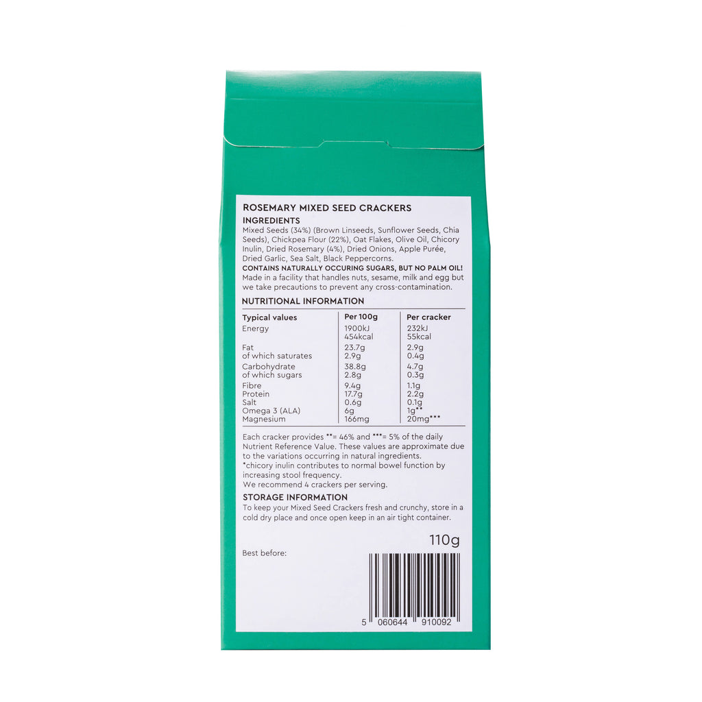 Pep & Lekker Rosemary Mixed Seed Crackers in 110g package, showing golden crackers with rosemary and seeds on top.