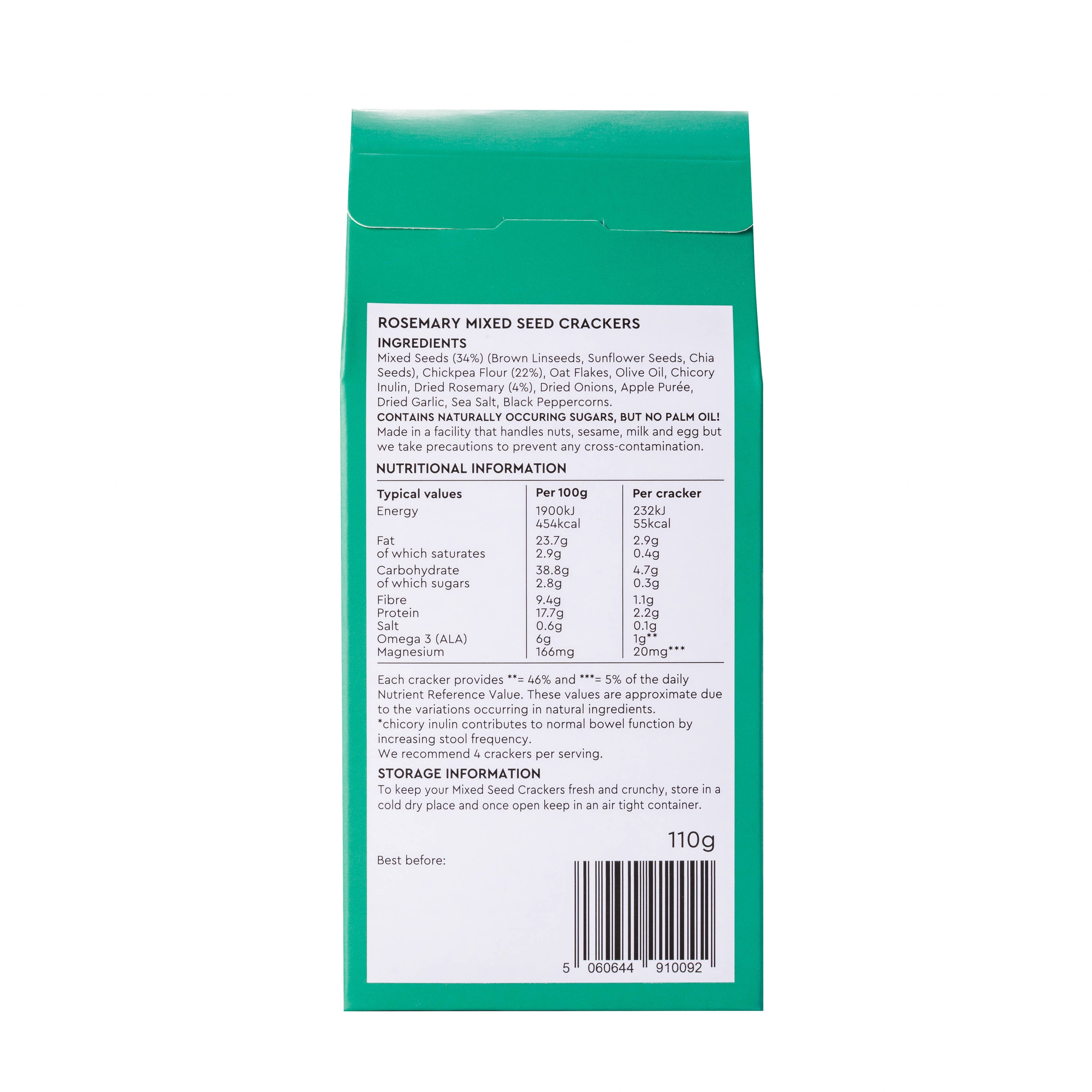 Pep & Lekker Rosemary Mixed Seed Crackers in 110g package, showing golden crackers with rosemary and seeds on top.