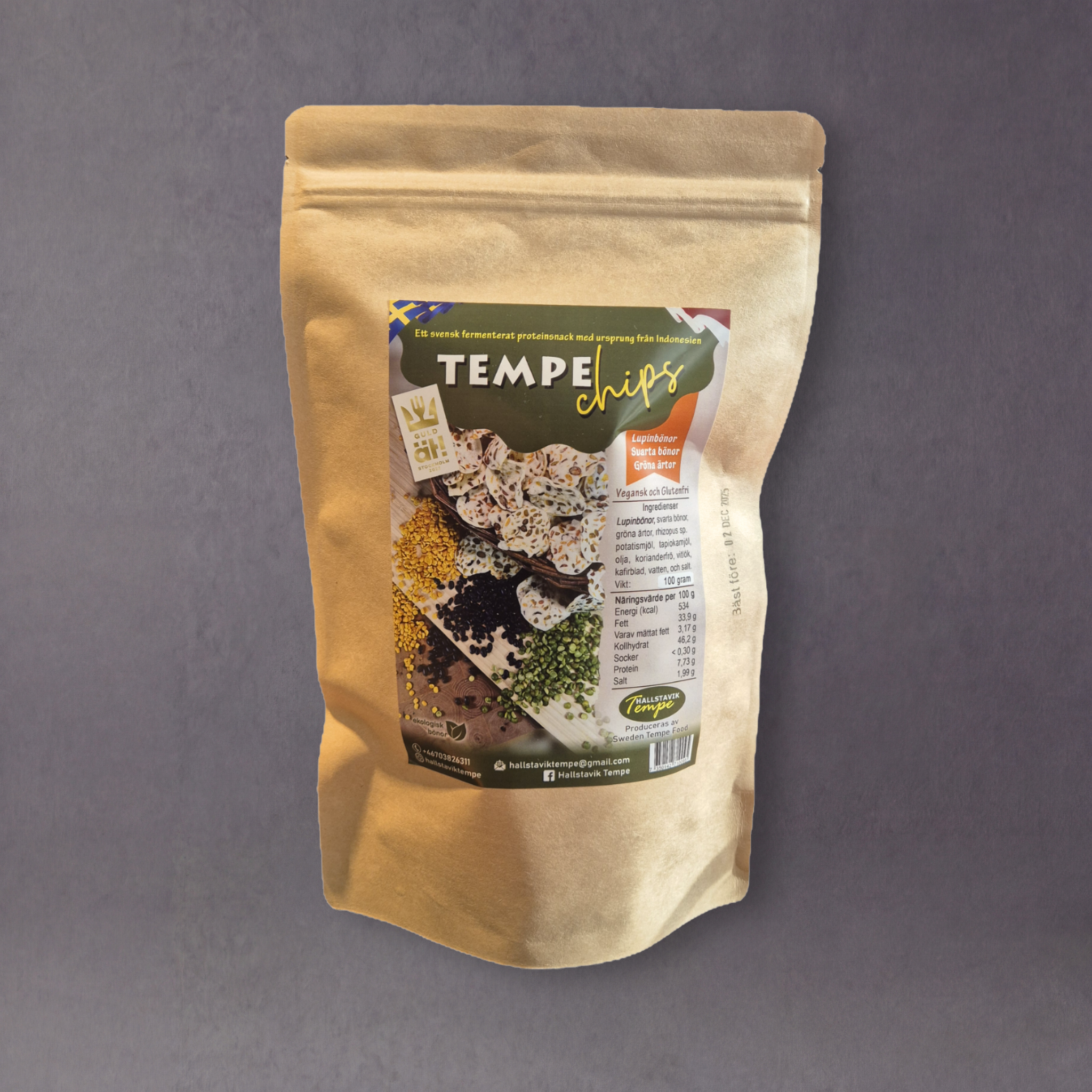 Crispy Hallstavik Tempe Chips by GRAINED, Swedish tempeh snacks with golden-brown, crunchy texture in a close-up image.
