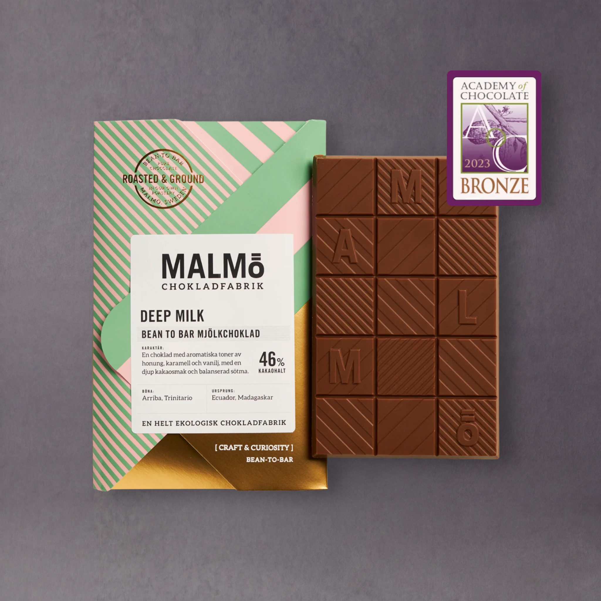 GRAINED Malmö Chokladfabrik deep milk organic Swedish chocolate bar with smooth, creamy texture and rich chocolate appearance.